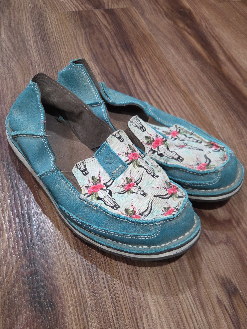 Ariat Turquoise Suede Bull Skull Loafers with Floral Print Vamp